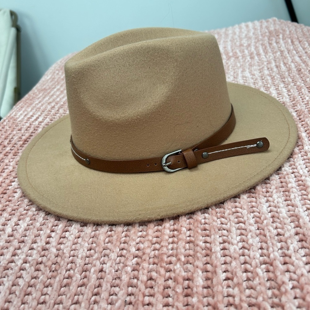 New Wide Brim Fedora Hat Classic Outdoor Tan Brown Hats w Belt Buckle